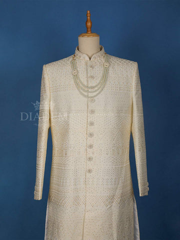 Cream Semi Silk Floral Designed Sherwani Suit - Diadem