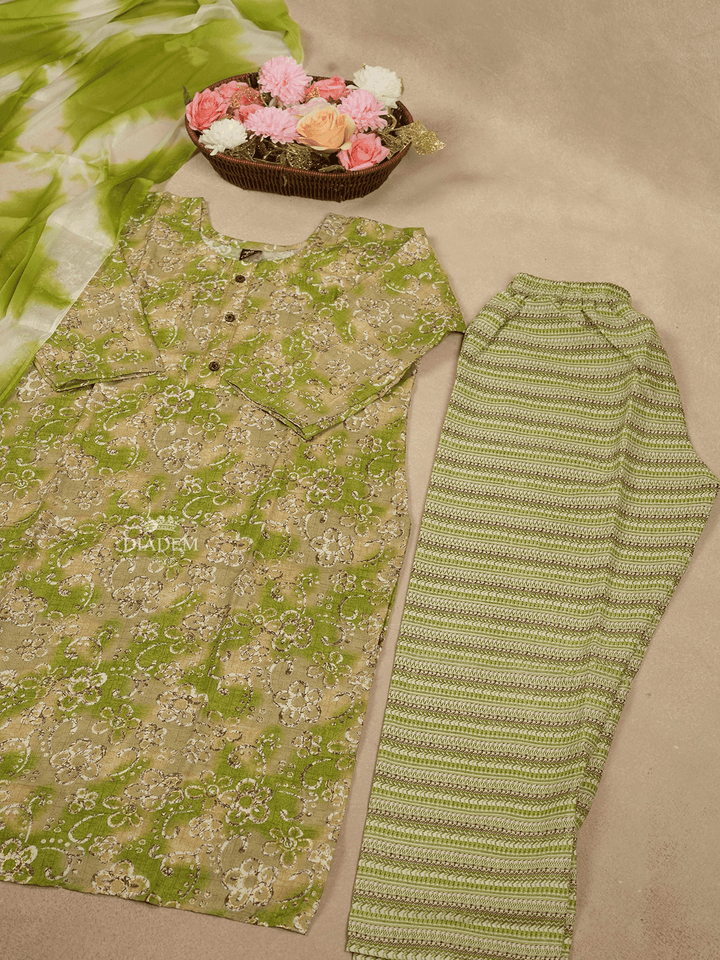 Green Straight Cut Salwar Suit Adorned with Floral Designs and Paired with Dupatta - Diadem