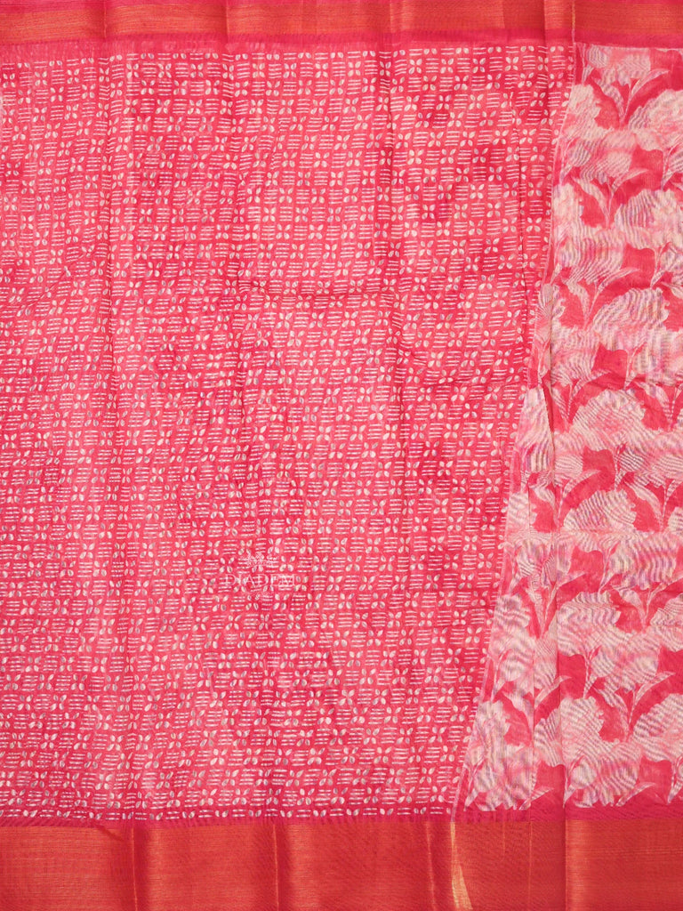 Floral Designs Pink Linen Cotton Saree