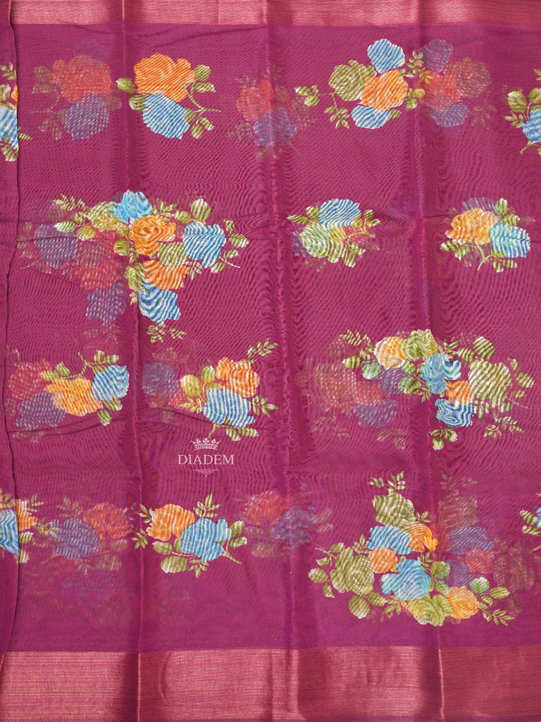 Floral Designs Purple Linen Cotton Saree