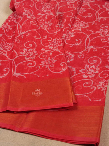 Bright Pink Linen Cotton Saree With Floral Designs On the Body with Matching Border - Diadem