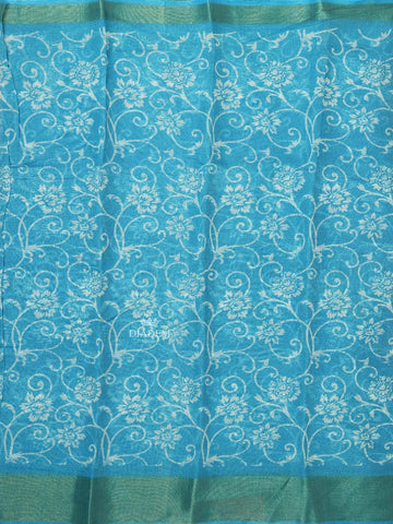 Sky Blue Linen Cotton Saree With Floral Designs On the Body with Matching Border - Diadem