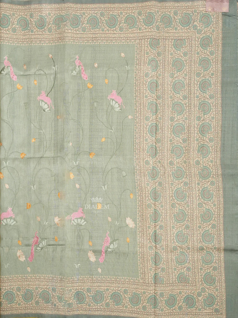 Floral Designs Turquoise Green Tussar Silk