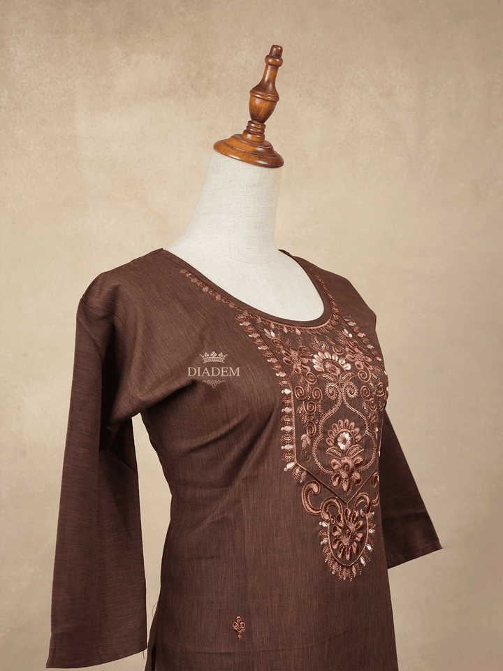 Brown Cotton Kurtis Embellished with Sequins and Embroidery Floral Designs without Dupatta - Diadem