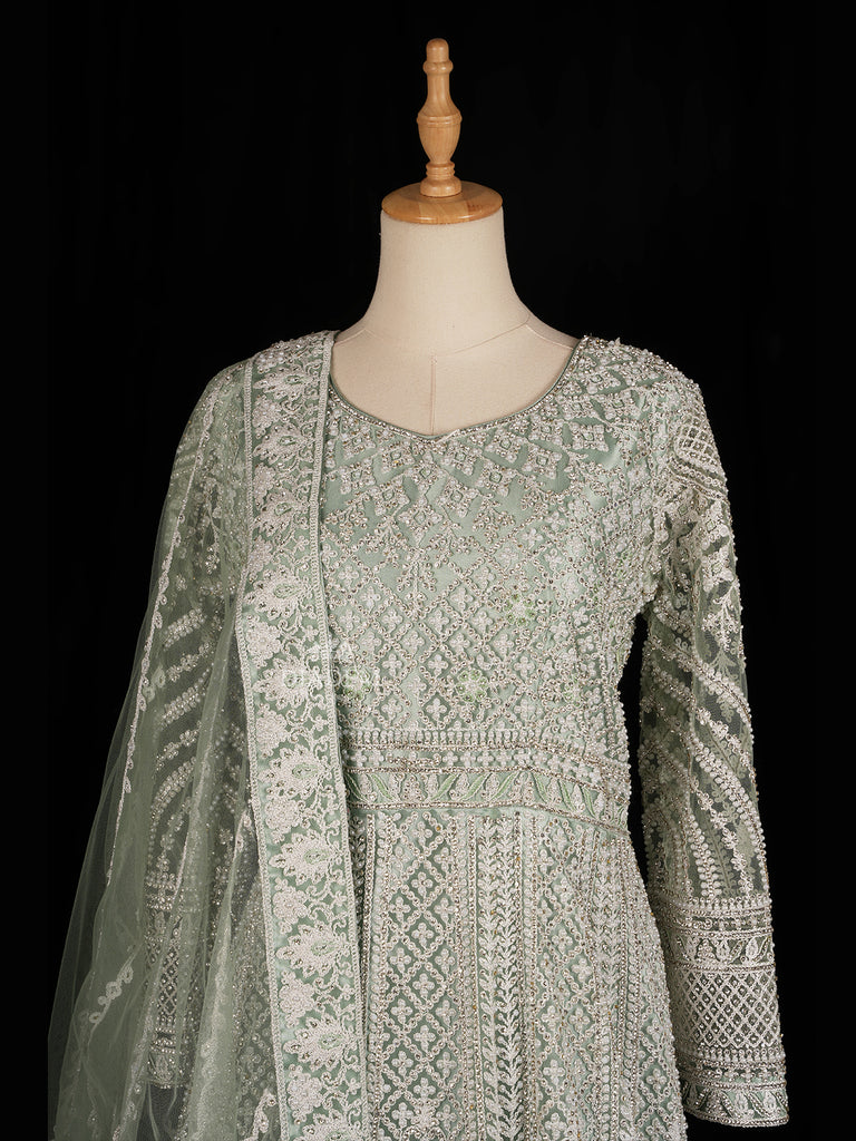 Floral and Diamond Embroidered Pale Green