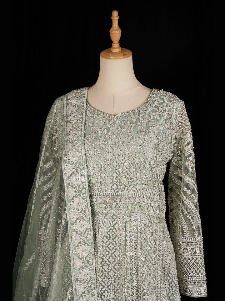 Floral and Diamond Embroidered Pale Green