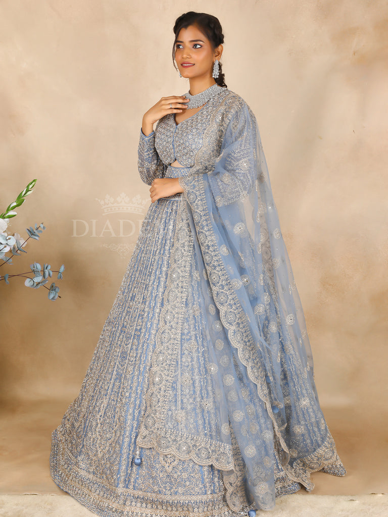 Blue Grey Lehenga with Floral Embroidery