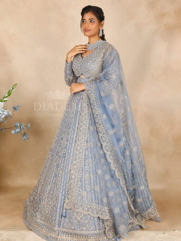 Blue Grey Bridal Lehenga for Women with Floral Embroidery - Diadem