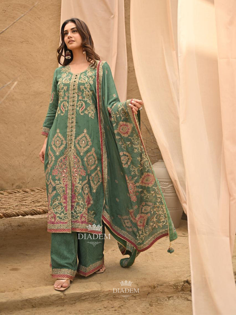 Floral Embroidered Crepe Palazzo Suit Emerald