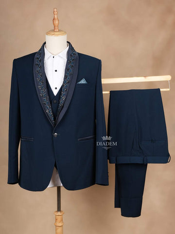 Dark Blue Coat Suit Set with Floral Embroidery Designs and Pocket Square - Diadem