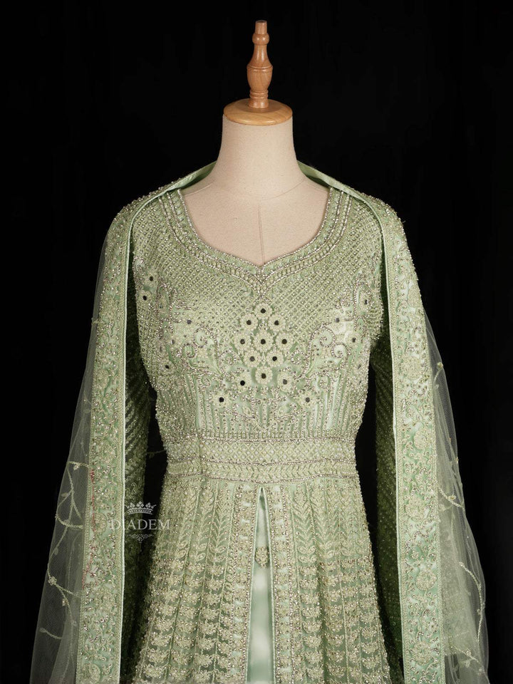 Pista Green Floral Embroidery Designed Gown and Net Dupatta - Diadem