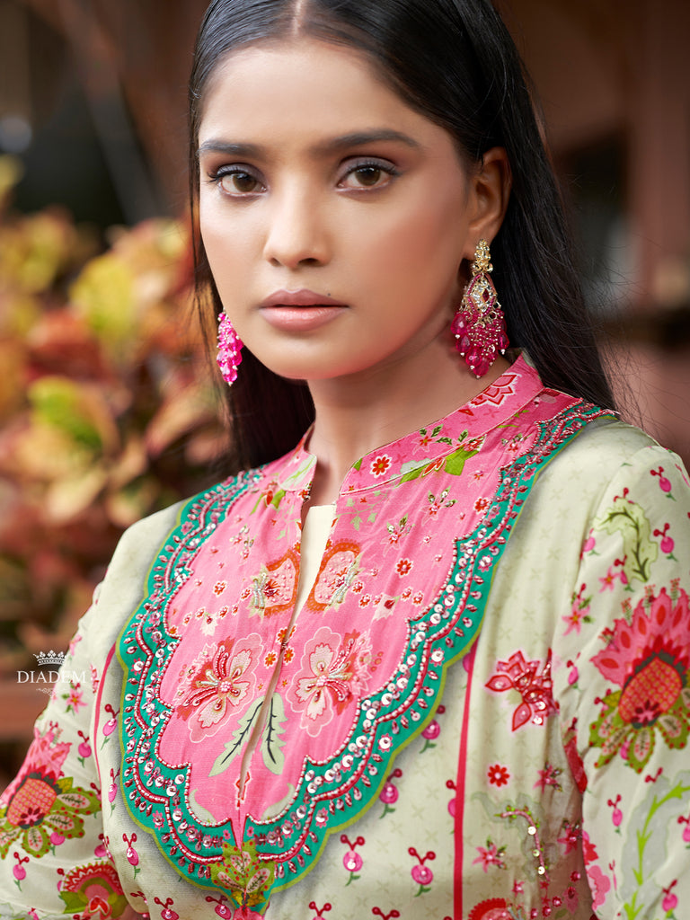 Floral Embroidered Ivory Crepe Palazzo Suit