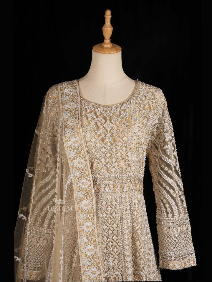 Beige Net Engagement Gown with Floral Embroidery Design and Net Dupatta - Diadem