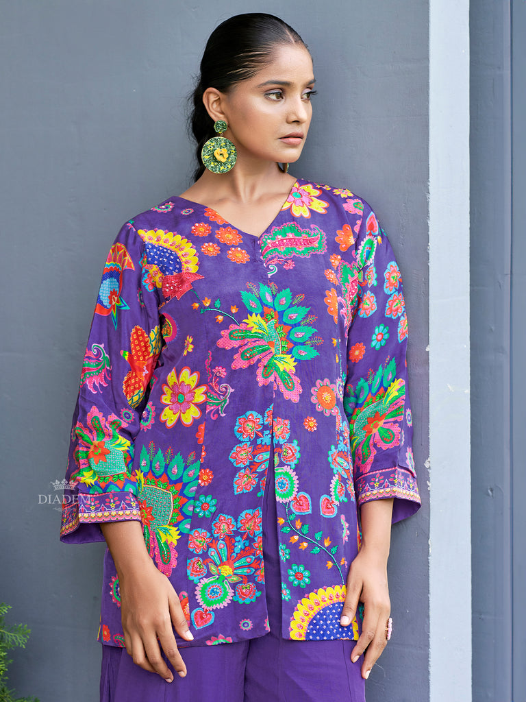 Floral Embroidered Purple Crepe Palazzo Suit