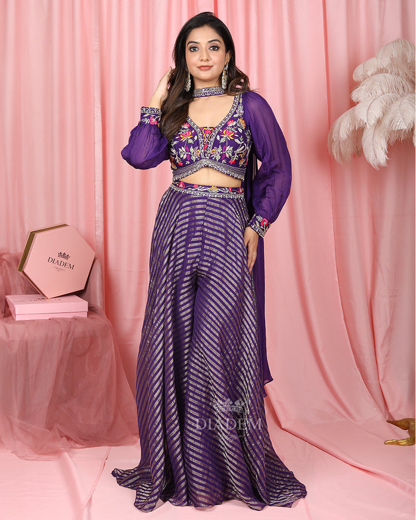 Floral Embroidered Purple Georgette Palazzo Suit