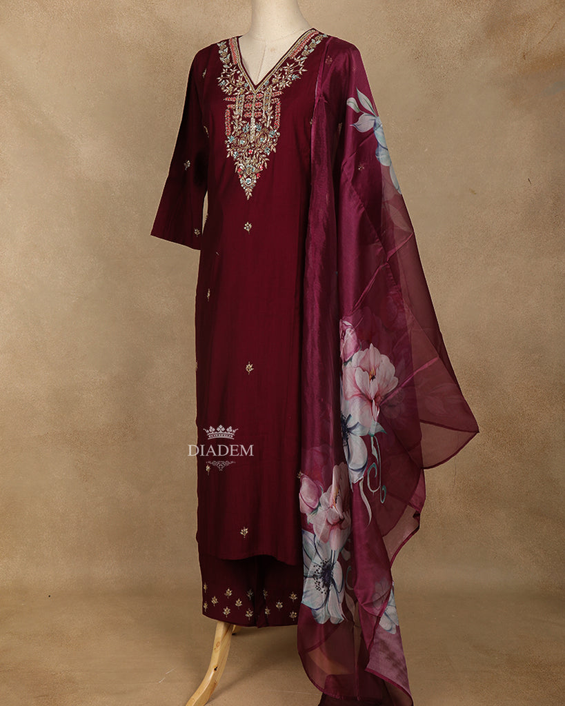 Floral Embroidered Wine Salwar Suit