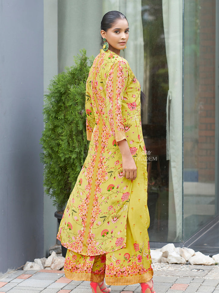 Floral Embroidered Yellow Crepe Palazzo Suit