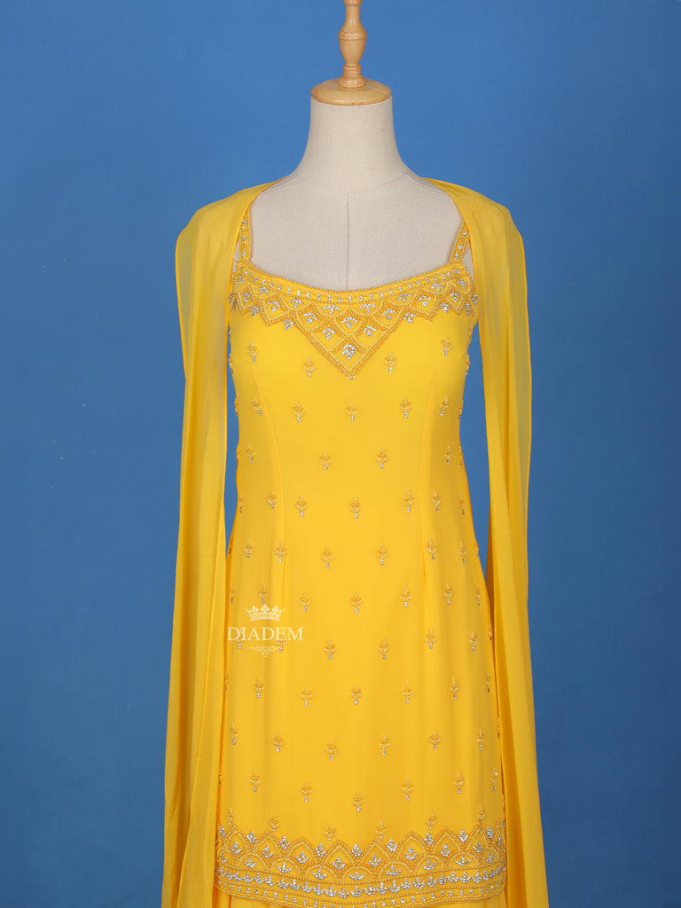 Floral Embroidered Yellow Georgette Palazzo Suit