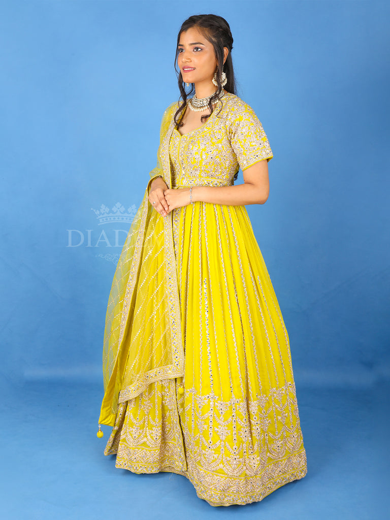 Betel Neck Floral Embroidered Yellow