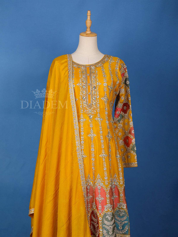 Mango Yellow Floral Embroidery Anarkali Salwar Suit for Girls - Diadem