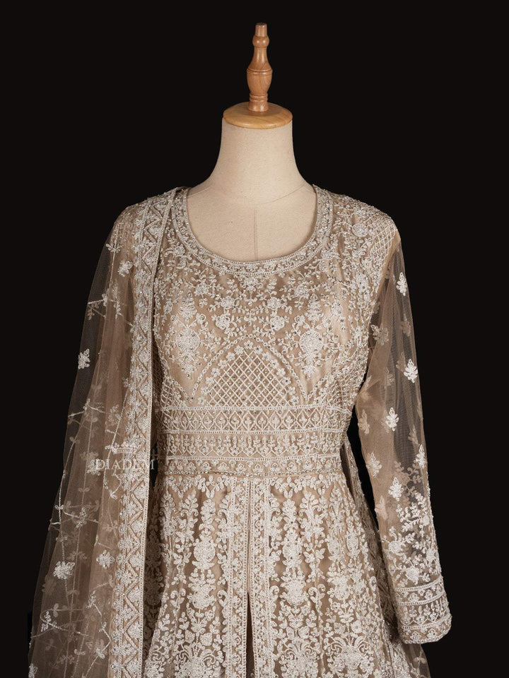 Beige Net Engagement Gown for Bride with Floral Embroidery and Net Dupatta - Diadem