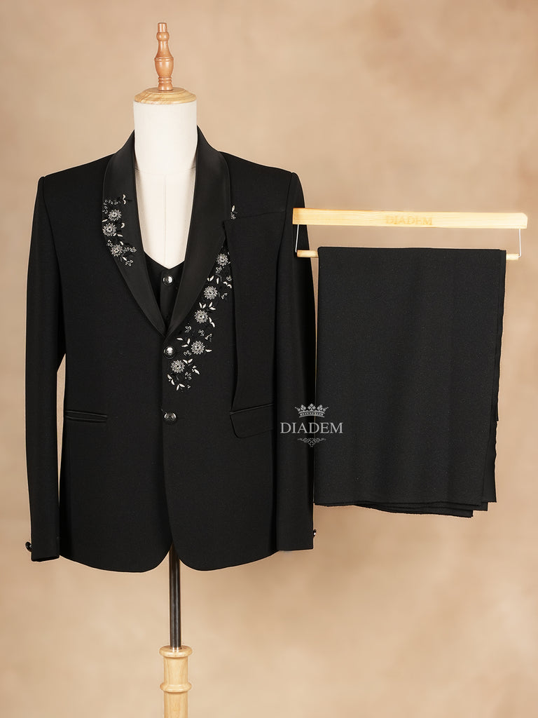 Black Floral Embroidered Coat Suit with Tie