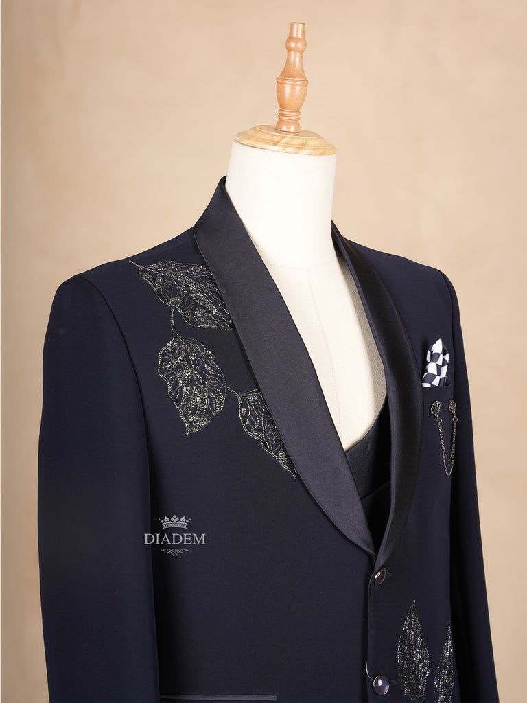 Floral Embroidered Dark Blue Coat Suit 