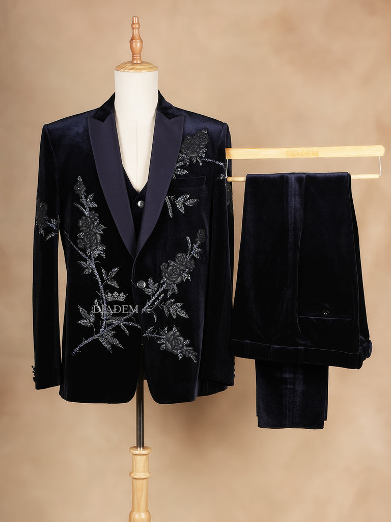 Floral Embroidered Dark Blue Coat 