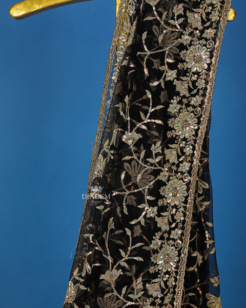 Black Floral Embroidery Designed Net Saree - Diadem