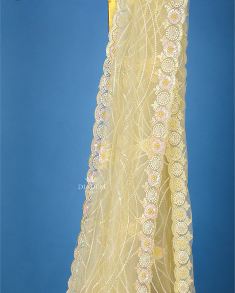 Pale Yellow Floral Embroidery Designed Net Saree - Diadem