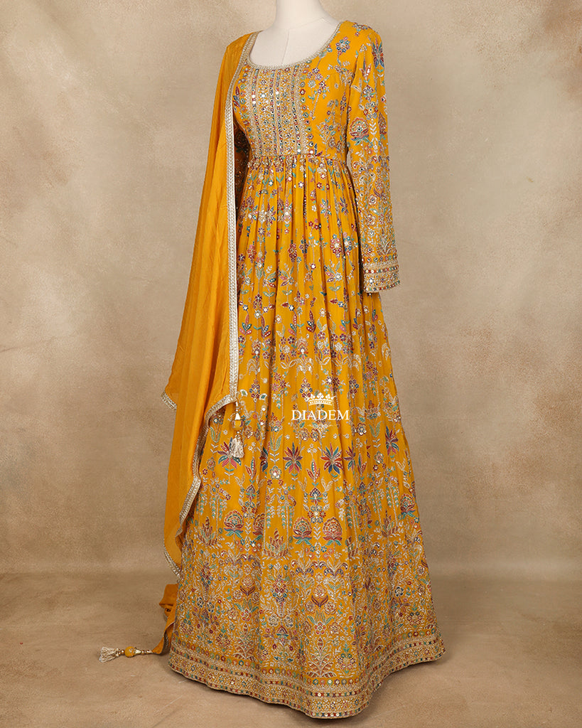 Floral Embroidery Mustard Yellow Design Gown