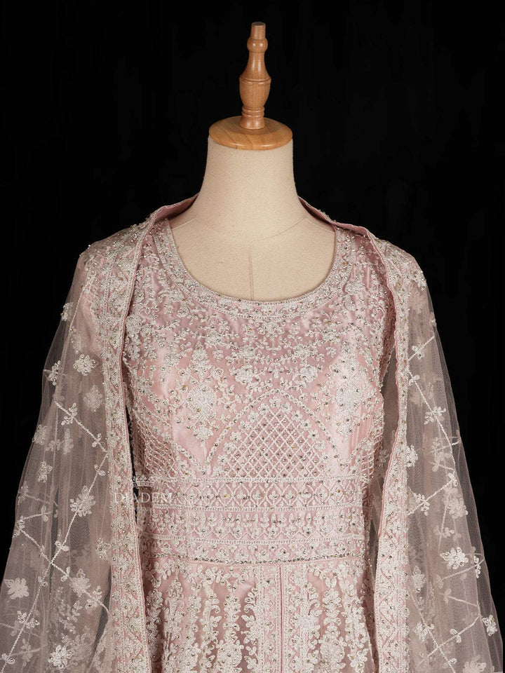 Pale Pink Floral Embroidery Designed Gown and Net Dupatta - Diadem