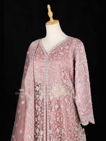 Pale Pink Full Sleeve Bridal Lehenga Adorned With Floral Embroidery - Diadem