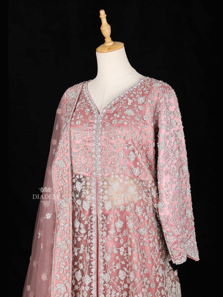 Pale Pink Full Sleeve Bridal Lehenga Adorned With Floral Embroidery - Diadem