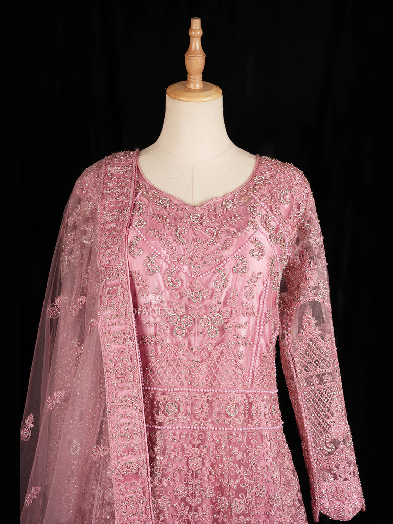 Floral Embroidered Pink Gown with Net Dupatta