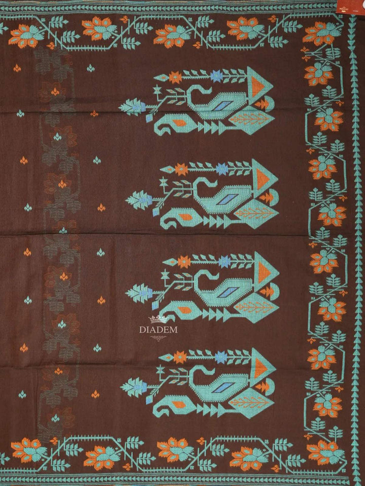 Brown Linen Cotton Saree with Floral and Geometric Designs on the Body with Designed Border - Diadem