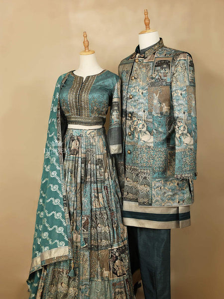 Green Couple Pair Set Dress Adorned with Floral and Human Figures Prints Gown and Sherwani - Diadem