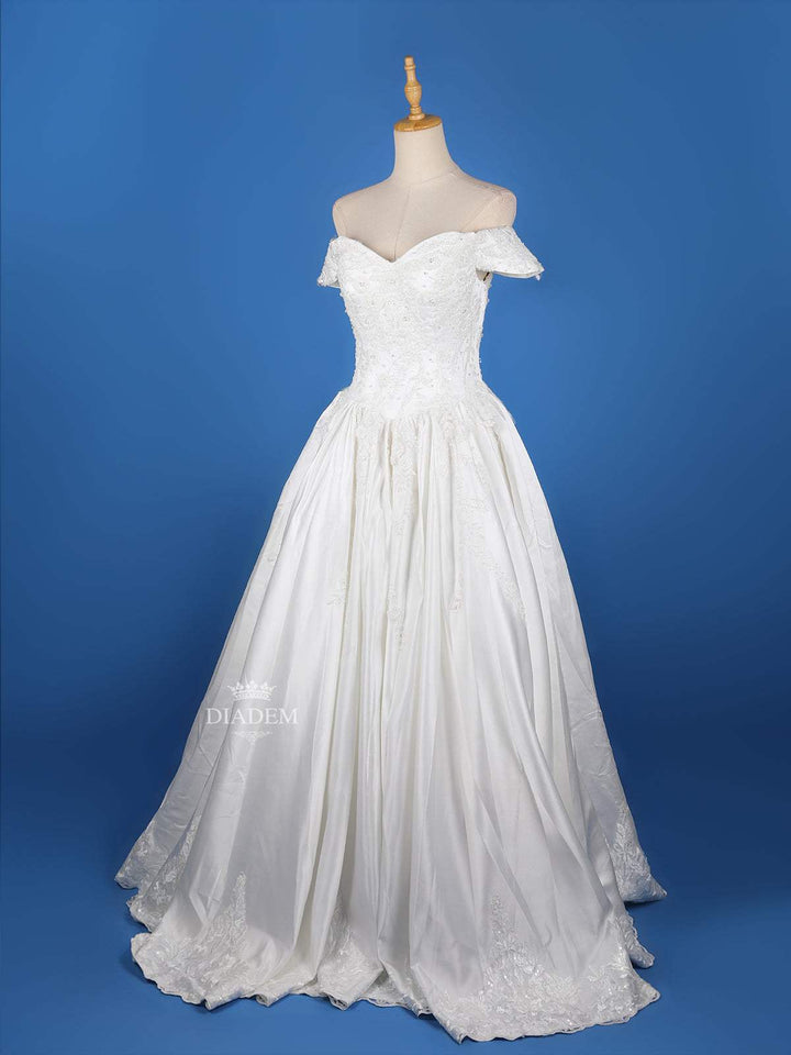 White Satin Floral lace and Beads Wedding Gown - Diadem