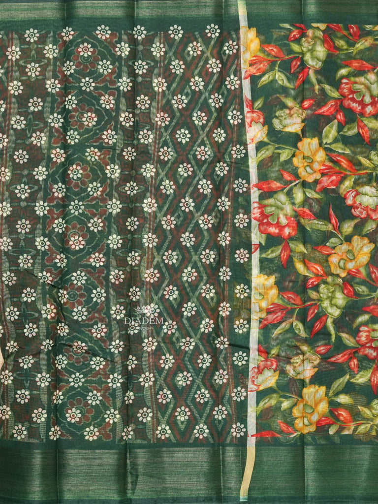 Floral Motifs Dark Green Linen Cotton