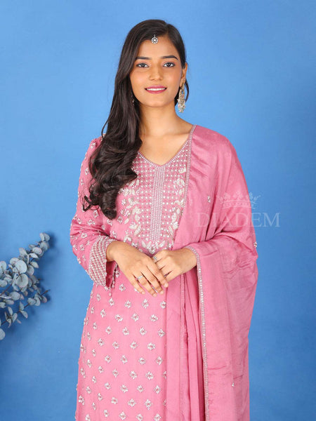 Onion Pink Floral Sharara Salwar Suit for Girls - Diadem