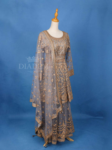 Grey Floral Designed Palazzo Salwar Suit for Girls - Diadem