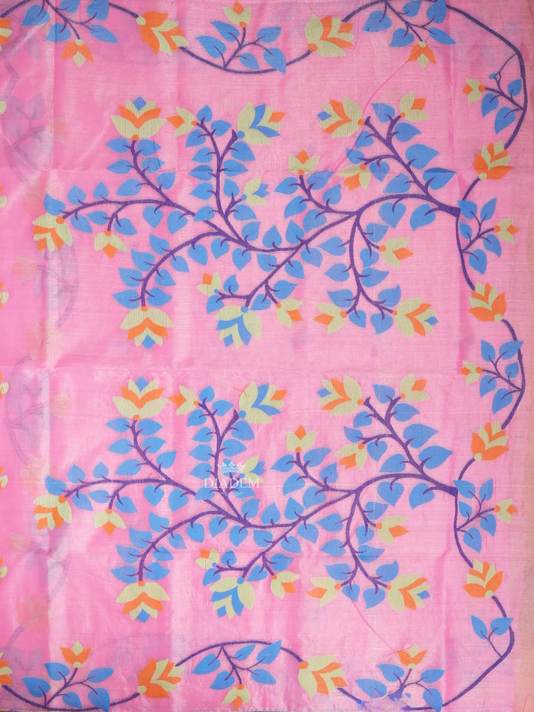 Floral Patterns Pink Linen Cotton Saree