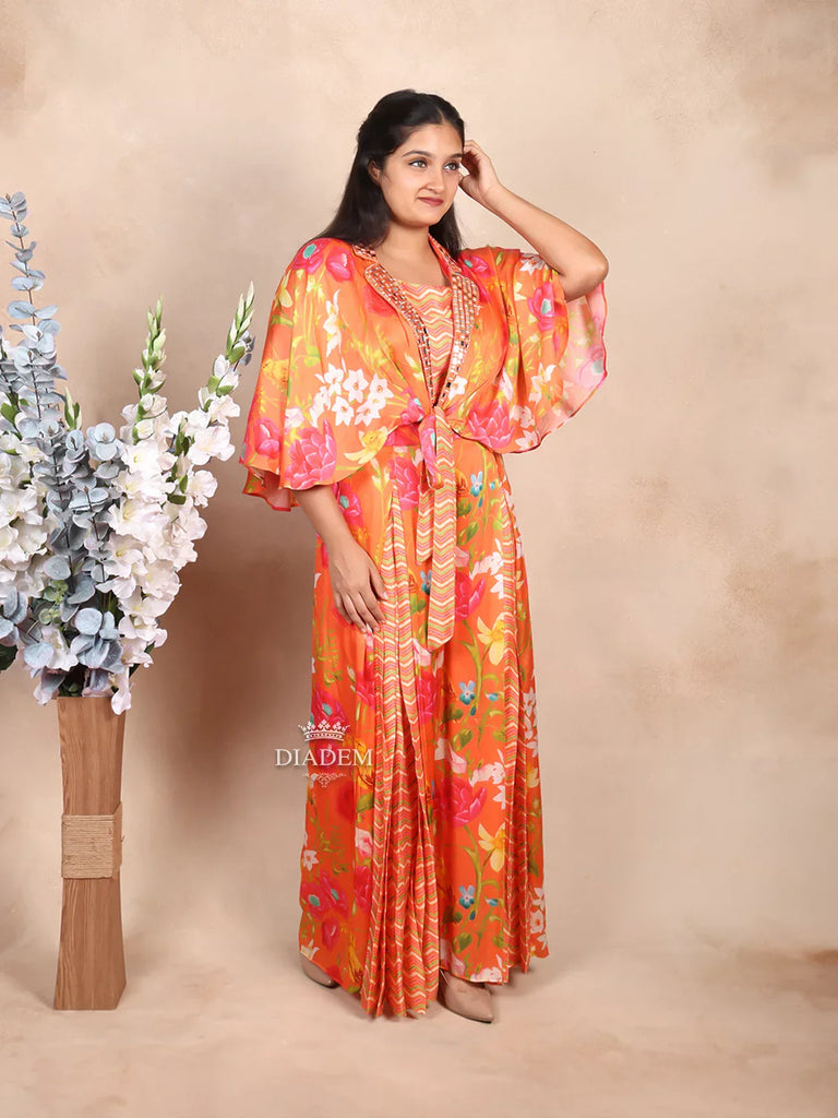 Floral Embroidery Orange Palazzo Suit