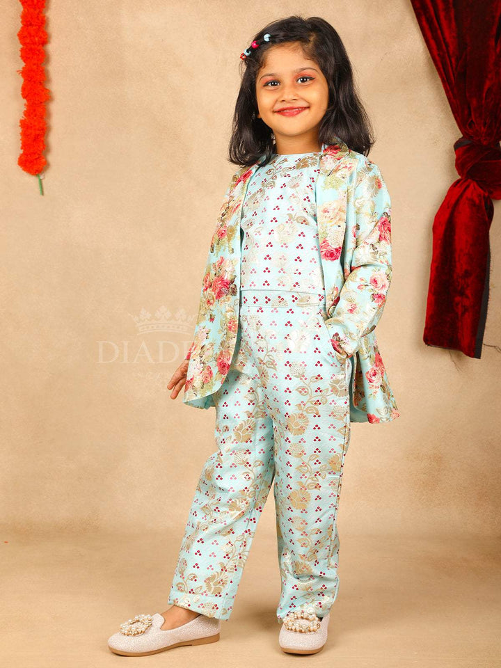 Aqua Blue Floral Printed Coat Suit - Diadem