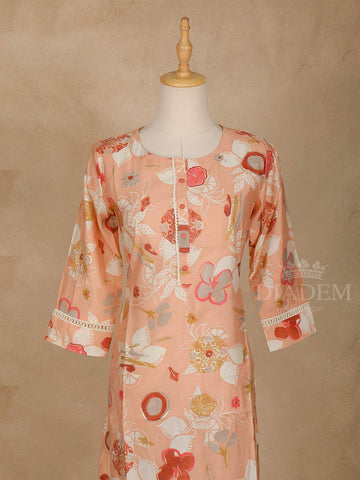 Peach Floral Printed Cotton Kurti - Diadem