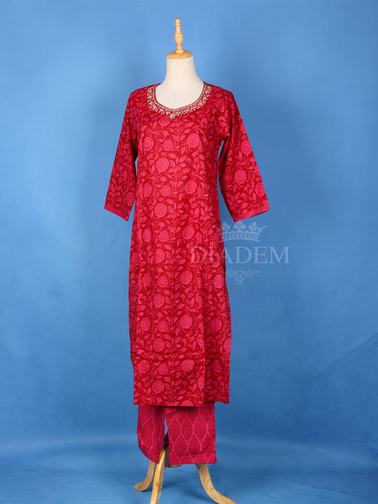 Floral Printed Dark Pink Cotton Salwar Suit