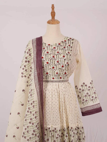 Ivory Salwar Suit Adorned with Floral Print Design and with Dupatta - Diadem