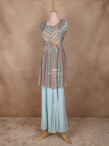 Light Blue Floral Printed Crepe Palazzo Suit - Diadem