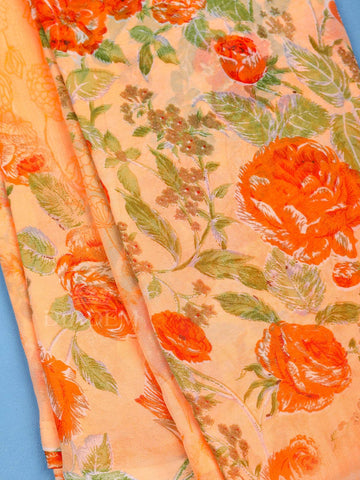 Peach Floral Printed Georgette Saree - Diadem