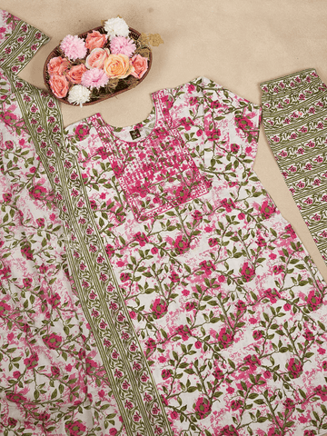 Pink Cotton Salwar Suits Embellished with Embroidery and Printed Floral Designs with Dupatta - Diadem